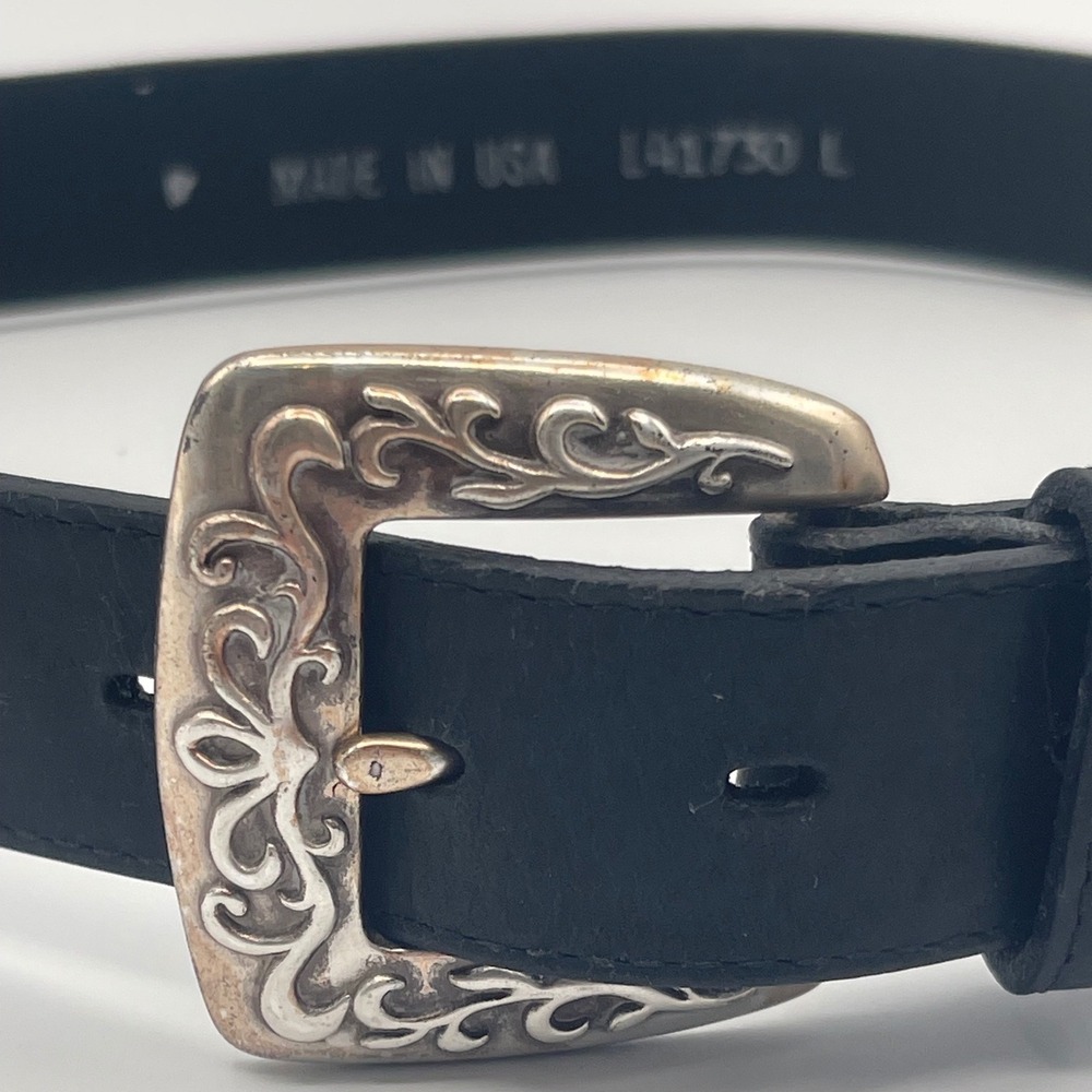 Vintage Western Leather Belt Women's L Black Silver Filigree Concho USA Rodeo
